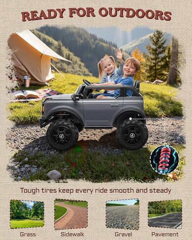 سيارة كهربائية للأطفال من First Ride On مرخصة من Ford Bronco Base 24V، لعبة ركوب مع جهاز تحكم عن بعد للوالدين، سيارة كهربائية للأطفال مع أحزمة أمان، بلوتوث، نظام تعليق زنبركي وإضاءة LED (رمادي) in Kuwait
