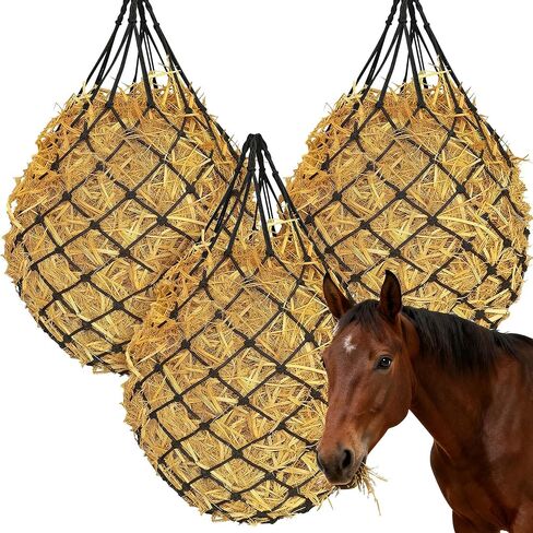 3 قطع من أكياس القش شديدة التحمل للتغذية البطيئة للخيول - شبكة تغذية شبكية كبيرة معلقة مقاس 47 بوصة للخيول والماعز والأغنام، مع أشرطة وخطافات للأكشاك والسياج والمقطورة in Kuwait