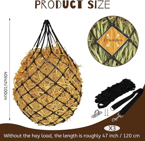 3 قطع من أكياس القش شديدة التحمل للتغذية البطيئة للخيول - شبكة تغذية شبكية كبيرة معلقة مقاس 47 بوصة للخيول والماعز والأغنام، مع أشرطة وخطافات للأكشاك والسياج والمقطورة in Kuwait