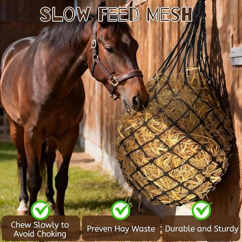 3 قطع من أكياس القش شديدة التحمل للتغذية البطيئة للخيول - شبكة تغذية شبكية كبيرة معلقة مقاس 47 بوصة للخيول والماعز والأغنام، مع أشرطة وخطافات للأكشاك والسياج والمقطورة in Kuwait