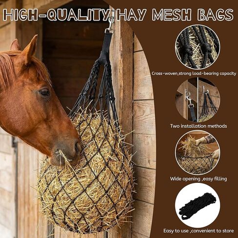 3 قطع من أكياس القش شديدة التحمل للتغذية البطيئة للخيول - شبكة تغذية شبكية كبيرة معلقة مقاس 47 بوصة للخيول والماعز والأغنام، مع أشرطة وخطافات للأكشاك والسياج والمقطورة in Kuwait
