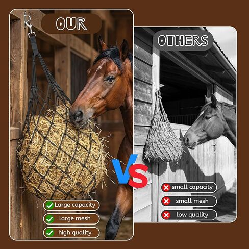 3 قطع من أكياس القش شديدة التحمل للتغذية البطيئة للخيول - شبكة تغذية شبكية كبيرة معلقة مقاس 47 بوصة للخيول والماعز والأغنام، مع أشرطة وخطافات للأكشاك والسياج والمقطورة in Kuwait