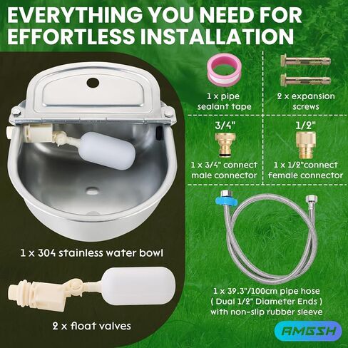Automatic Animal Drinking Water Bowl, 304 Stainless Steel Waterer with Float Valves, 39" Pipe Hose (1/2" Ends), 1/2" to 3/4" Adapter, Livestock Water Trough Dispenser for Dog Horse Goat Pig Cow in Saudi Arabia
