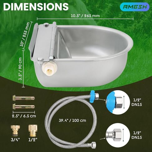Automatic Animal Drinking Water Bowl, 304 Stainless Steel Waterer with Float Valves, 39" Pipe Hose (1/2" Ends), 1/2" to 3/4" Adapter, Livestock Water Trough Dispenser for Dog Horse Goat Pig Cow in Saudi Arabia