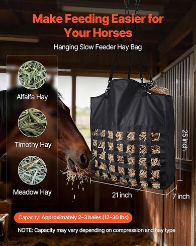 VEVOR Hay Bag for Horses, 21.65 x 7.28 x 25.2 in, 1.81 x 1.81 in Holes, Premium Nylon Construction with PVC Waterproof Coating, Adjustable Hanging Straps and Metal Hooks, Slow Feed Hay Bag for Horses in Saudi Arabia