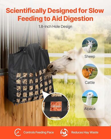 VEVOR Hay Bag for Horses, 21.65 x 7.28 x 25.2 in, 1.81 x 1.81 in Holes, Premium Nylon Construction with PVC Waterproof Coating, Adjustable Hanging Straps and Metal Hooks, Slow Feed Hay Bag for Horses in Saudi Arabia