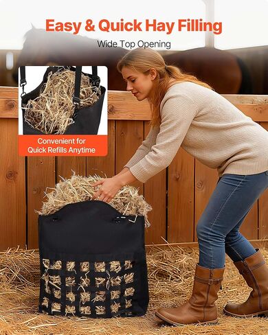 VEVOR Hay Bag for Horses, 21.65 x 7.28 x 25.2 in, 1.81 x 1.81 in Holes, Premium Nylon Construction with PVC Waterproof Coating, Adjustable Hanging Straps and Metal Hooks, Slow Feed Hay Bag for Horses in Saudi Arabia