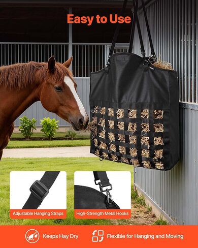 VEVOR Hay Bag for Horses, 21.65 x 7.28 x 25.2 in, 1.81 x 1.81 in Holes, Premium Nylon Construction with PVC Waterproof Coating, Adjustable Hanging Straps and Metal Hooks, Slow Feed Hay Bag for Horses in Saudi Arabia