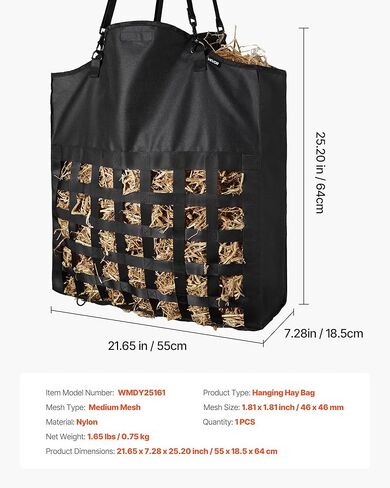 VEVOR Hay Bag for Horses, 21.65 x 7.28 x 25.2 in, 1.81 x 1.81 in Holes, Premium Nylon Construction with PVC Waterproof Coating, Adjustable Hanging Straps and Metal Hooks, Slow Feed Hay Bag for Horses in Saudi Arabia