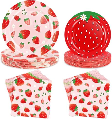 OuMuaMua Strawberry Birthday Decorations, 75 Pcs Disposable Fruit Paper Plates and Napkins Tableware Set for Summer Sweet One 1st Baby Shower Berry First Strawberry Themed Party Supplies, Serves 25 in Saudi Arabia