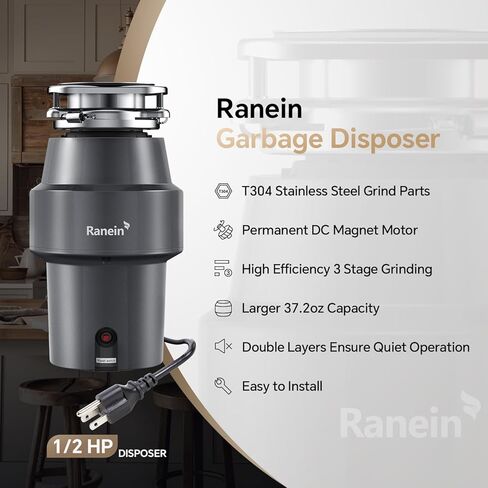 Ranein 1/2 HP Garbage Disposal with Power Cord, Quiet Stainless Steel Grinding, Continuous Feed Kitchen Sink Food Waste Disposer, DeepCut Fine Grinding Anti-Clog System in Kuwait