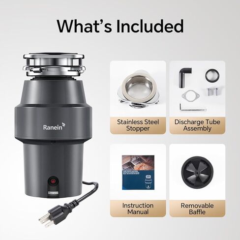 Ranein 1/2 HP Garbage Disposal with Power Cord, Quiet Stainless Steel Grinding, Continuous Feed Kitchen Sink Food Waste Disposer, DeepCut Fine Grinding Anti-Clog System in Kuwait