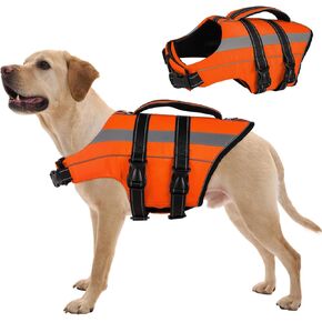 سترة نجاة للكلاب من FUAMEY خفيفة الوزن، سترة نجاة للكلاب مع مقبض إنقاذ وحلقات على شكل حرف D، يطفو الكلب قابل للتعديل للبحيرة مع شرائط عاكسة، برتقالي، L in Kuwait