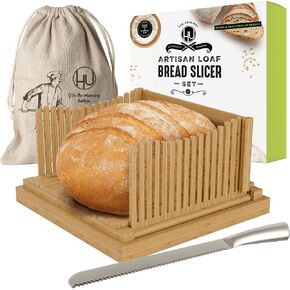 Bamboo Wooden Bread Slicer for Homemade Bread Kit with Adjustable Slicer Guide, 12-Inch Bread Knife and Bread Bag- Rubber Base Grips - Sourdough Bread Cutter, Round Bread Loaf Slicer, By LHU in Saudi Arabia