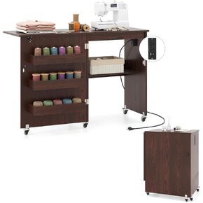 طاولة خياطة قابلة للطي من دورتالا مع محطة شحن، محطة حرفية متدحرجة مع 3 صناديق تخزين ورف مفتوح، مكتب ماكينة خياطة متنقل مع عجلات قابلة للقفل للمنزل، مساحات صغيرة (بني) in Kuwait