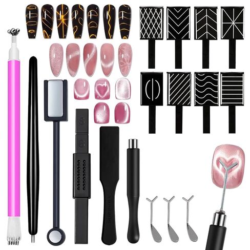 WOKOTO 14 Pcs Cat Eye Magnet For Nails With 3pcs Y-Shape Iron Stencil Set, Cat Eye Gel Nail Polish Magnet Tools Powerful Wand Magnet, Magnetic Nail Polish Square Round Heart Magnet Stick For Nails in Kuwait