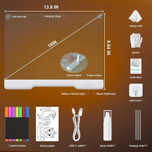 لوحة رسم LED للأطفال مقاس 16 بوصة، لوحة إضاءة قابلة لإعادة الشحن، 3 أوضاع توهج و7 ألوان، ألعاب وهدايا مثالية للأولاد والبنات، عمر 3 سنوات فما فوق، هدية للكتابة والرسم للأطفال الصغار، تتضمن 7 أقلام تحديد in Kuwait