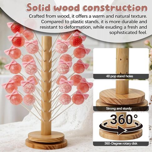 Wooden Cake Pop Stand with Spinning Base, 48-Hole Dessert Display Holder for Candy Buffet Table, Birthday Wedding Baby Shower Party Anniversary Decor (1 Pack) in Saudi Arabia
