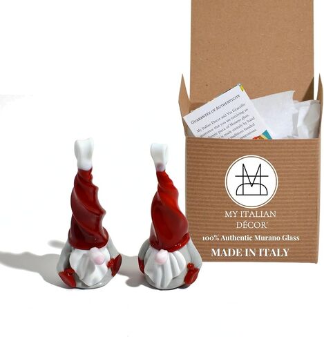 MY ITALIAN DÉCOR مجموعة زجاج مورانو مكونة من قطعتين من ديكورات التماثيل للمنزل، قطعتين، 3.25 بوصة، تماثيل ديكور المنزل، هدية جنوم، زخارف شجرة عيد الميلاد، صنع في إيطاليا، فكرة in Kuwait