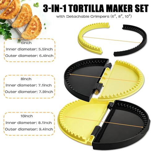 Tortilla Sealer, 3-in-1 Upgraded Quesadilla Maker with 6", 8", and 10" Fully Removable Presses, a Dish Brush, Adjustable & Detachable Crimper for Burritos, Tacos, Dumplings, Calzones, and Sandwiches. in Kuwait