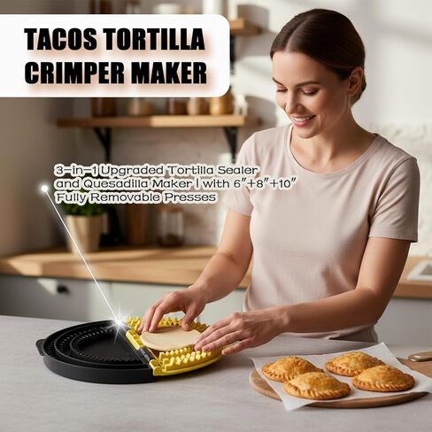 Tortilla Sealer, 3-in-1 Upgraded Quesadilla Maker with 6", 8", and 10" Fully Removable Presses, a Dish Brush, Adjustable & Detachable Crimper for Burritos, Tacos, Dumplings, Calzones, and Sandwiches. in Kuwait