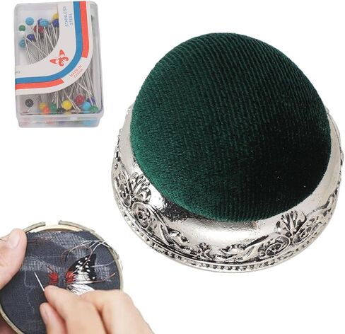 TOPINCN Vintage Pin Cushion, Half Ball Shape Needle Holder, Knitting Needle Keeper, Elastic Sewing Pincushion with Metal Base for Hand Sewing Quilting Knitting Fabric Craft (Silver Base Green Type) in Saudi Arabia
