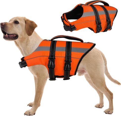 سترة نجاة للكلاب من FUAMEY خفيفة الوزن، سترة نجاة للكلاب مع مقبض إنقاذ وحلقات على شكل حرف D، يطفو الكلب قابل للتعديل للبحيرة مع شرائط عاكسة، برتقالي، L in Kuwait