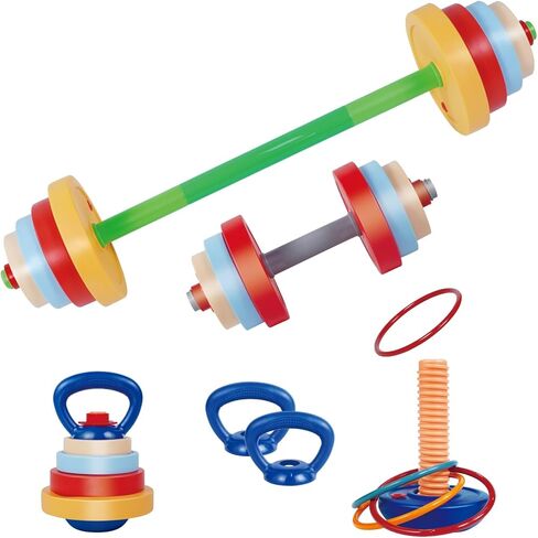 OCES 5-in-1 Kids Exercise Weight Set — Adjustable Fillable Toddler Weights Gym Set (Barbell, Dumbbells, Kettlebell, Ring Toss, Push-up) Kids Workout Equipment Beginner Home Gym Fitness Toy in Kuwait