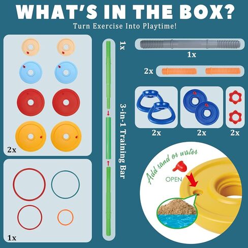 OCES 5-in-1 Kids Exercise Weight Set — Adjustable Fillable Toddler Weights Gym Set (Barbell, Dumbbells, Kettlebell, Ring Toss, Push-up) Kids Workout Equipment Beginner Home Gym Fitness Toy in Kuwait