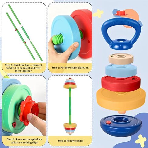 OCES 5-in-1 Kids Exercise Weight Set — Adjustable Fillable Toddler Weights Gym Set (Barbell, Dumbbells, Kettlebell, Ring Toss, Push-up) Kids Workout Equipment Beginner Home Gym Fitness Toy in Kuwait