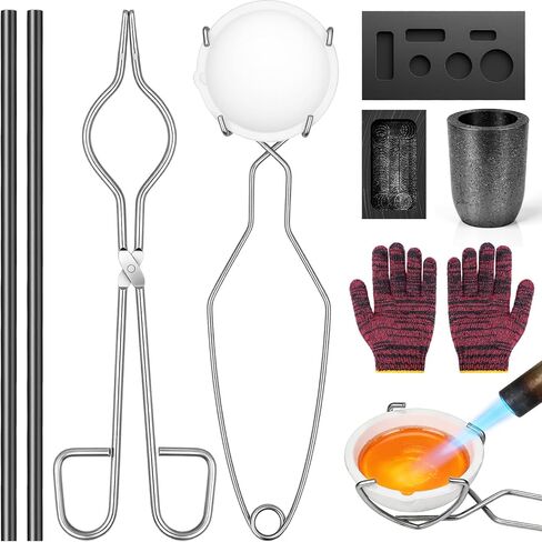 Hysagtek 9 Pcs Crucibles for Melting Metal Kit - Graphite Torch Melting Casting Kit, Graphite Crucible, Graphite Ingot Molds, 2 Crucible Stir Stick, Quartz Cup & Tongs, Gloves in Kuwait