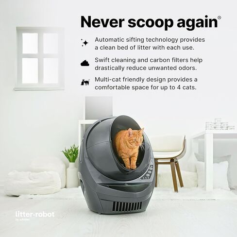 Litter-Robot 3 Connect by Whisker، رمادي - صندوق فضلات القطط أوتوماتيكي ذاتي التنظيف، التحكم في التطبيق، يساعد على تقليل روائح صندوق الفضلات، يعمل مع أي فضلات متكتلة، ضمان لمدة عام من WhiskerCare in Kuwait