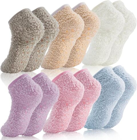 jeuhut 12 Pairs Non Skid Fuzzy Socks for Women with Grips Cozy Fluffy Fall Winter Socks Bulk Cute Barefoot Slipper Socks in Saudi Arabia