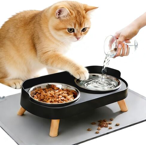 Elevated Cat Bowls with Food Mat, Splash Proof Anti Vomiting Raised Cat Food and Water Bowl Set, 2 Stainless Steel Dishes for Cats and Puppy, Pet Bowl for Indoor Cats White in Saudi Arabia