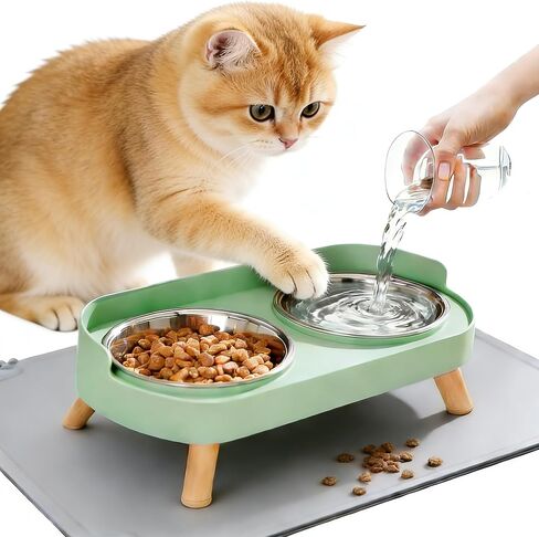 Elevated Cat Bowls with Food Mat, Splash Proof Anti Vomiting Raised Cat Food and Water Bowl Set, 2 Stainless Steel Dishes for Cats and Puppy, Pet Bowl for Indoor Cats White in Saudi Arabia