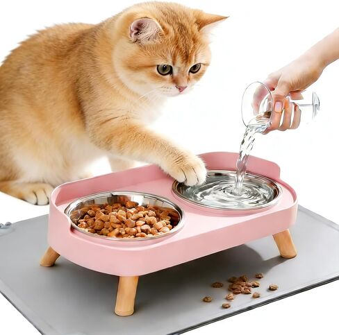 Elevated Cat Bowls with Food Mat, Splash Proof Anti Vomiting Raised Cat Food and Water Bowl Set, 2 Stainless Steel Dishes for Cats and Puppy, Pet Bowl for Indoor Cats White in Saudi Arabia