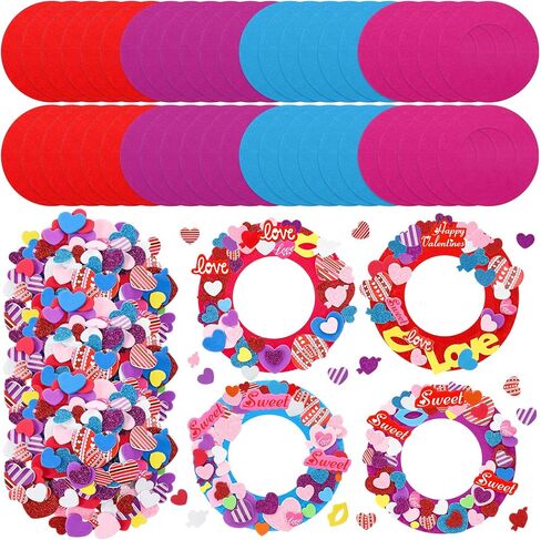 332 Pcs 32 Sets Valentine's Day Felt Wreath Craft Kits Valentines Art and Craft Supplies with 300 Pcs Hearts Love Shape Foam Stickers for Home Activities Party Activity Gift Exchange in Saudi Arabia