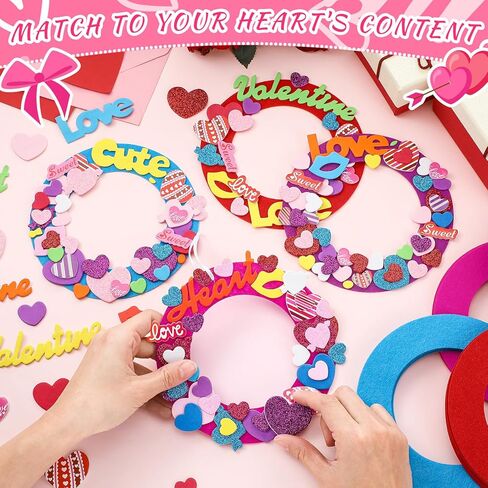 332 Pcs 32 Sets Valentine's Day Felt Wreath Craft Kits Valentines Art and Craft Supplies with 300 Pcs Hearts Love Shape Foam Stickers for Home Activities Party Activity Gift Exchange in Saudi Arabia