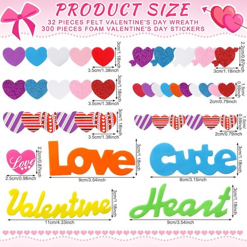 332 Pcs 32 Sets Valentine's Day Felt Wreath Craft Kits Valentines Art and Craft Supplies with 300 Pcs Hearts Love Shape Foam Stickers for Home Activities Party Activity Gift Exchange in Saudi Arabia