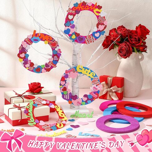 332 Pcs 32 Sets Valentine's Day Felt Wreath Craft Kits Valentines Art and Craft Supplies with 300 Pcs Hearts Love Shape Foam Stickers for Home Activities Party Activity Gift Exchange in Saudi Arabia