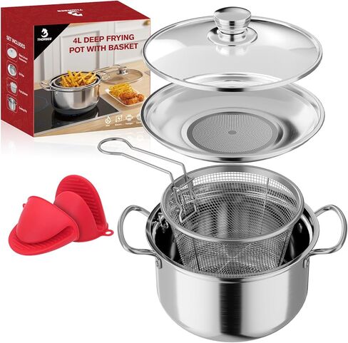 Deep Frying Pot with Basket, Multi-Functional Stainless Steel Stove Top Deep Fryer Pot with Basket and Lid & Oil Strainer For Frying, Stewing, Boiling for Kitchen and Camping-4L/4.2Qt in Saudi Arabia