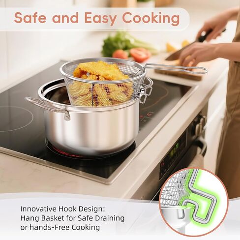 Deep Frying Pot with Basket, Multi-Functional Stainless Steel Stove Top Deep Fryer Pot with Basket and Lid & Oil Strainer For Frying, Stewing, Boiling for Kitchen and Camping-4L/4.2Qt in Saudi Arabia