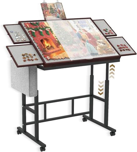 Jigsaw Puzzle Table 1500 Pieces with Legs & Storage Pocket, Height Adjustment & Tilting Puzzle Table for Adults with Drawers, Jigsaw Puzzle Board with Cover and Wheels for All Ages (Coffee Color) in Saudi Arabia