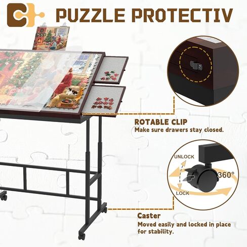 Jigsaw Puzzle Table 1500 Pieces with Legs & Storage Pocket, Height Adjustment & Tilting Puzzle Table for Adults with Drawers, Jigsaw Puzzle Board with Cover and Wheels for All Ages (Coffee Color) in Saudi Arabia