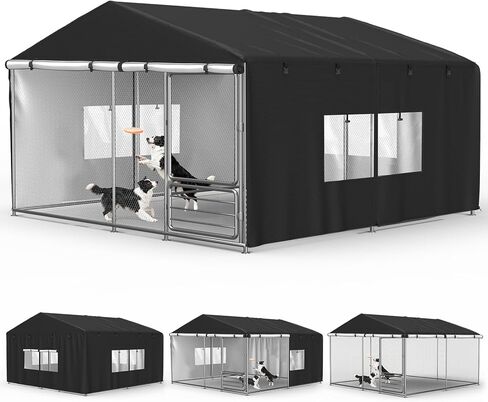 Outdoor Dog Kennel Cover 10'D x 10'W x 6.5'H Black Full Coverage with Transparent PVC Window and Breathable Mesh All-Weather Protection for Multiple Brands of Kennels Only Cover in Saudi Arabia