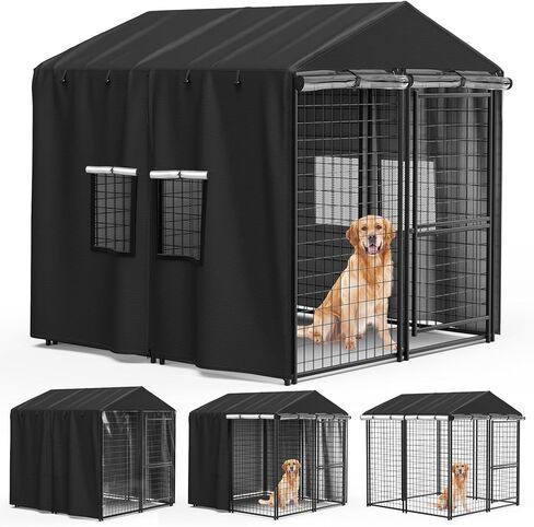 Outdoor Dog Kennel Cover 10'D x 10'W x 6.5'H Black Full Coverage with Transparent PVC Window and Breathable Mesh All-Weather Protection for Multiple Brands of Kennels Only Cover in Kuwait