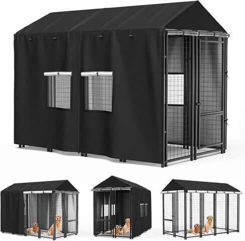 Outdoor Dog Kennel Cover 10'D x 10'W x 6.5'H Black Full Coverage with Transparent PVC Window and Breathable Mesh All-Weather Protection for Multiple Brands of Kennels Only Cover in Saudi Arabia