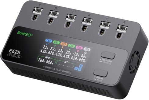 ISDT E625 6-Channel 1S LiHV/LiPo Battery IPS Screen شاحن ذكي/مفرغ، نوع C/XT60 PD مدعوم بمنافذ BT2.0/PH2.0، يتميز بشحن سريع 4.35 فولت 2.5 أمبير لبطاريات طائرات بدون طيار صغيرة الحجم من نوع Whoop FPV in Kuwait