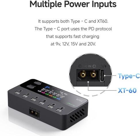 ISDT E625 6-Channel 1S LiHV/LiPo Battery IPS Screen شاحن ذكي/مفرغ، نوع C/XT60 PD مدعوم بمنافذ BT2.0/PH2.0، يتميز بشحن سريع 4.35 فولت 2.5 أمبير لبطاريات طائرات بدون طيار صغيرة الحجم من نوع Whoop FPV in Kuwait