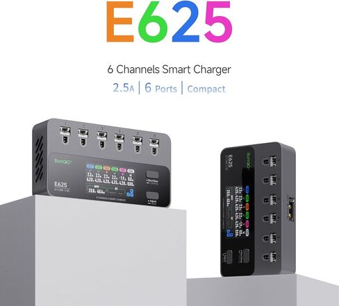 ISDT E625 6-Channel 1S LiHV/LiPo Battery IPS Screen شاحن ذكي/مفرغ، نوع C/XT60 PD مدعوم بمنافذ BT2.0/PH2.0، يتميز بشحن سريع 4.35 فولت 2.5 أمبير لبطاريات طائرات بدون طيار صغيرة الحجم من نوع Whoop FPV in Kuwait